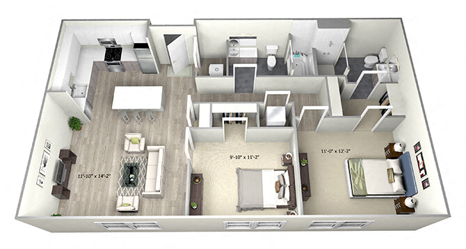 Floor plan for 2 beds, 2 baths, 835 sqft